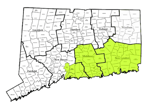 Map of Connecticut showing areas of service